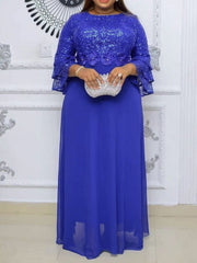 Fashion trumpet sleeve ruffle long section splicing women's large size new lace chiffon dress