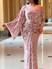 Elegant Gold Print Nipped Waist Chiffon Dress