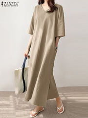 ZANZEA Fashion Summer V Neck Half Sleeve Dress Women Elegant Solid Midi Sundress Casual Loose Split Hem Party Vestido Robe Femme