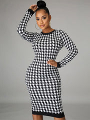 فستان نسائي طويل الأكمام مطبوع بنقشة houndstooth فستان متوسط الطول بفتحات واسعة ملابس خروج مثيرة لخريف وشتاء 2022 نادي أنيق ضيق
