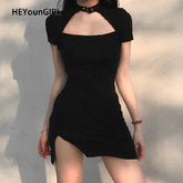 HEYounGIRL Harajuku Black Bodycon Mini Dress Women Split Side Halter Short Dresses Ladies Skinny Short Sleeve Skinny Summer 2021