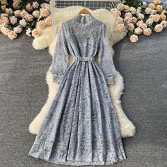 Elegant banquet round neck long-sleeved heavy lace embroidery hollow dress temperament dress