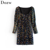 نساء موضة الترتر فستان حفلة صغيرة ساحة طوق المخملية فساتين للسيدات مثير Bodycon كم طويل فستان الشمس Vestido De Festa