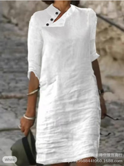 2023 Amazon independent station spring and summer new casual stand collar button cotton linen solid color mid-sleeved dress