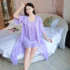6-color ice silk nightdress nightgown two-piece suit pajamas mid-length suspender nightdress short-sleeved nightgown home service