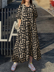 ZANZEA ladies Japanese and Korean style temperament leopard print ladies long skirt round neck bubble half sleeve and ankle skirt fashion trend elegant literary skirt loose spring and autumn daily leisure vacation style long dress large size