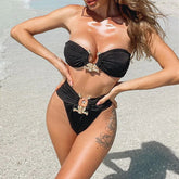 Explosive new style European and American bikini solid color tube top high waist swimsuit metal accessories female swimwear