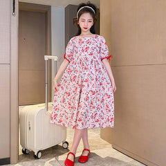 Summer new Korean version of children's clothing girls dress female big boy parent-child floral high waist dress short-sleeved long skirt