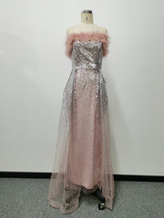 فستان مأدبة نسائي مثير مطرز بالترتر بأكمام طويلة مع تنورة على الورك