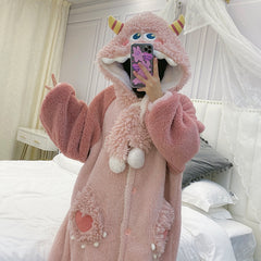 Little coral velvet thickened plus velvet hooded nightgown female winter cute long flannel bathrobe pajamas
