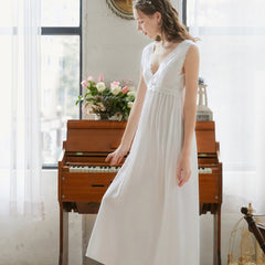 Romantic Nightgowns Women Cotton Night Dress Sleeveless Long Robe Vintage Sexy Lace Sleepwear Peignoir Room Wear
