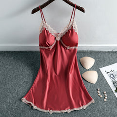 Summer new sexy ice silk suspenders nightdress with chest pad pajamas ladies silk home clothes Korean version girlfriends