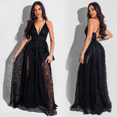 Temperament Black Fashion Sequin Long Sleeve Sleeveless Sling Halter Evening Dress