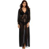 Women's robe sets set transparent mesh lace sexy pajamas femme stitching V-neck lace-up mesh long-sleeved nightgown +T pants