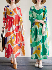 Autumn new middle-aged and elderly mother's wear ethnic style round neck long-sleeved abstract print dress for women