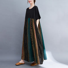 Real shot new color-blocking retro literary and art large-size catty long skirt loose meat-covering cotton and linen long skirt
