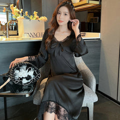 Sexy nightdress: spring and autumn long-sleeved sweet girl lace ice silk dress, you can wear it when you go out