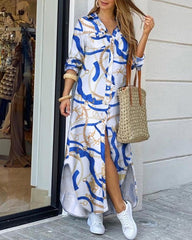 Women's Fashion Shirt Style Button Dress Ladies Casual Long Street Dress Plus Size Home Commuting Printed Dress