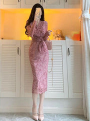 2023 women's Korean style fashion long-sleeved flower print dress women's slim elegant party dress V-neck long strappy vest