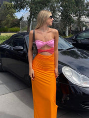 Patchwork Strapless Bodycon Dress Sexy Women Hollow Out Sleeveless Backless Summer Beach Dresses Party 2022