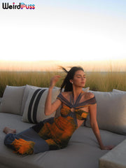 Weird Puss Colorful Print Women Maxi Dress Halter Hollow Sleeveless Slash Neck Elegant Summer Vacation Party Bodycon Vestidos