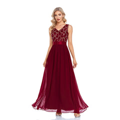 European and American women's double V-neck sleeveless sequined chiffon floor-to-ceiling A-line fully lined plus-size evening dress party dress