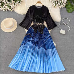 Retro temperament round neck waist slimming a-line positioning printed pleated dress elegant  long skirt