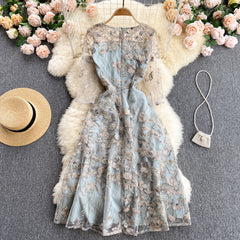 Court style heavy industry embroidery mesh dress skirt ladies elegant temperament women's dress