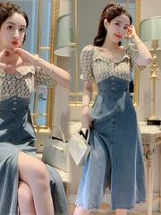 Square collar denim stitching long skirt 2023 summer new slim bow skirt women's clothing Korean elegant dress 4*10