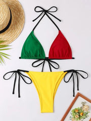 New Color Contrast Panel High Tone Bikini Tether Two-Piece Swimsuit