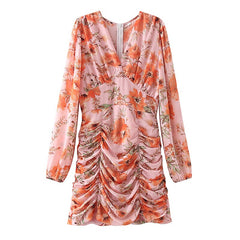 Elegant Floral Printed Mini Dresses Sexy Deep V Neck Puff Long Sleeve Bodycon Dresses Female Bohemian Party Dress