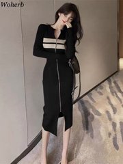 Woherb Sexy Long Sleeve Knit Dress Women Slim Classy Elegant Elastic Y2k Bodycon Vitido Midi Long Zip Dress Korea