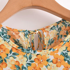 فستان قصير بطبعة زهور من Boho Stlye فستان نسائي قصير الأكمام ورقبة دائرية مطوي فستان صيفي نسائي أنيق لحفلات الشاطئ