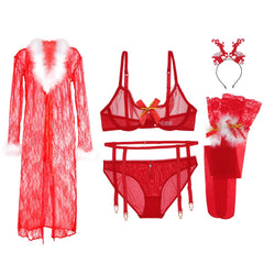 Varsbaby Christmas Big Red 6 Pcs Bras+Panties+Garters+Stockings+Antler Headband+Nightgown Bra And Panty Set