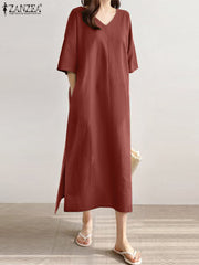 ZANZEA Fashion Summer V Neck Half Sleeve Dress Women Elegant Solid Midi Sundress Casual Loose Split Hem Party Vestido Robe Femme