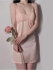 Sexy Women's Lingerie Deep V Lace Sling Nightdress Solid Color Large Size Pajamas