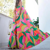 2023 الربيع والصيف الأوروبية والأمريكية الجديدة ركاب نمط فستان فرنسي عميق الخامس الرقبة عارية الذراعين الحمالات فستان مُزين بطباعة