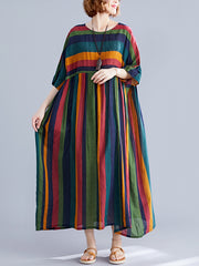 Ladies summer new art large size women's clothing fat MM200 catties short-sleeved colorful striped dress cotton and linen