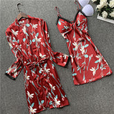 Satin Pijama Set 2 Pieces Nightdress And Nightgown Sexy Pajama Floral Sleepwear Women Lounge Wear Nightie Night Wear Suits with Chest Pad