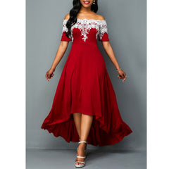 European and American large size dress skirt Sexy one-shoulder lace splicing lace irregular dress female skirt