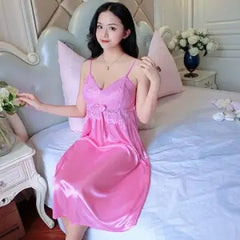 Pajamas women summer Korean fresh students large size ice silk sling nightdress thin section ladies mid-skirt home service