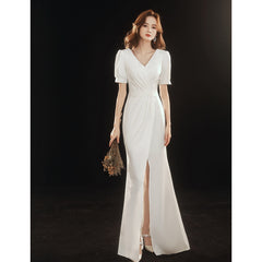 White evening dress female celebrity banquet elegant temperament host long sexy fishtail registration certificate graduation autumn