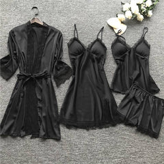 Lace Up Lingerie Pajamas Set Nightdress Women Long Silk Dressing Gown Bath Robe Sleep Wear Four piece Suit Sleepwear