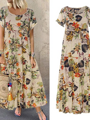 2022 Vintage Cotton Linen Floral Print Short Sleeve Crew Neck Dress