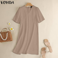 VONDA Elegant Dresses For Women 2022 Solid V Neck Short Sleeve Loose A-Line Vestidos Bohemian Party Casual Summer Plus Size Short Dresses