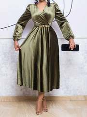 African Velvet Formal Evening Party Long Dresses For Women 2023 Elegant Plus Size Lantern Sleeve V Neck Waist Bodycon Dress