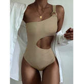 Summer new swimwear European and American solid color one-piece swimsuit feminine waistless one-shoulder strap ins style swimsuit spot