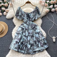 New light luxury palace oil painting French printing high-end design girl short waist dress