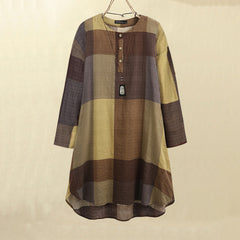 ZANZEA ladies Japanese and Korean literary style temperament dark plaid print style ladies short skirt round neck long sleeve simple mid-length skirt fashion trend loose spring and summer daily leisure vacation style mid-length plaid dress large size