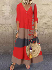 ZANZEA ladies European and American style contrast stitching design V-neck buttoned long-sleeved shirt dress Fashion trend elegant and ankle skirt loose spring and summer daily casual bohemian vacation style shirt dress large size